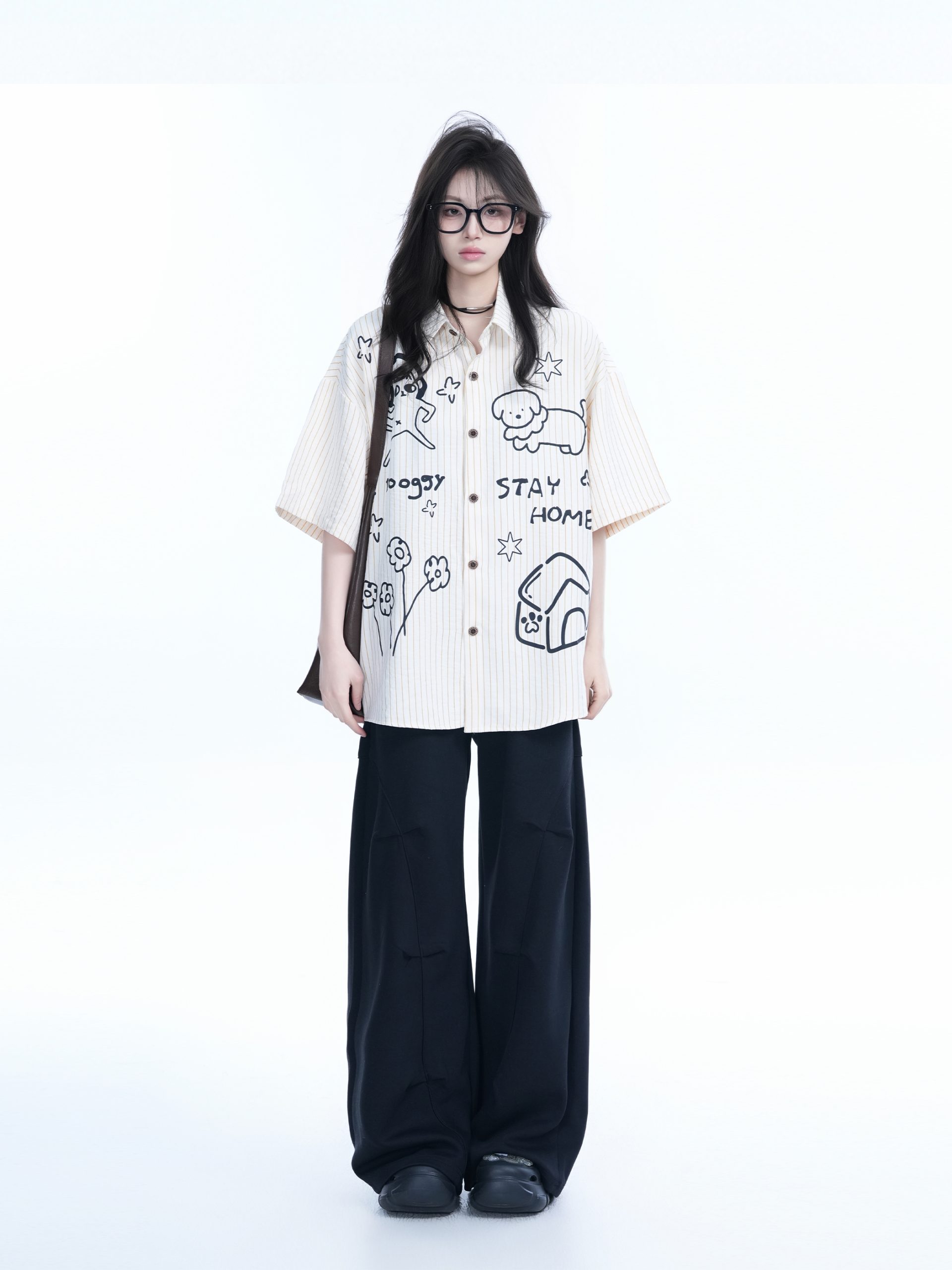 Fun Cartoon Doodle Dog Vertical Striped Short-Sleeve Shirt for Women, Loose Fit Trendy Top, Casual 90s Style Fun Cartoon Doodle Dog Vertical Striped Short-Sleeve Shirt for Women, Loose Fit Trendy Top, Casual 90s Style