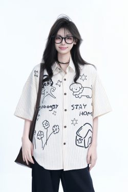 Fun Cartoon Doodle Dog Vertical Striped Short-Sleeve Shirt for Women, Loose Fit Trendy Top, Casual 90s Style