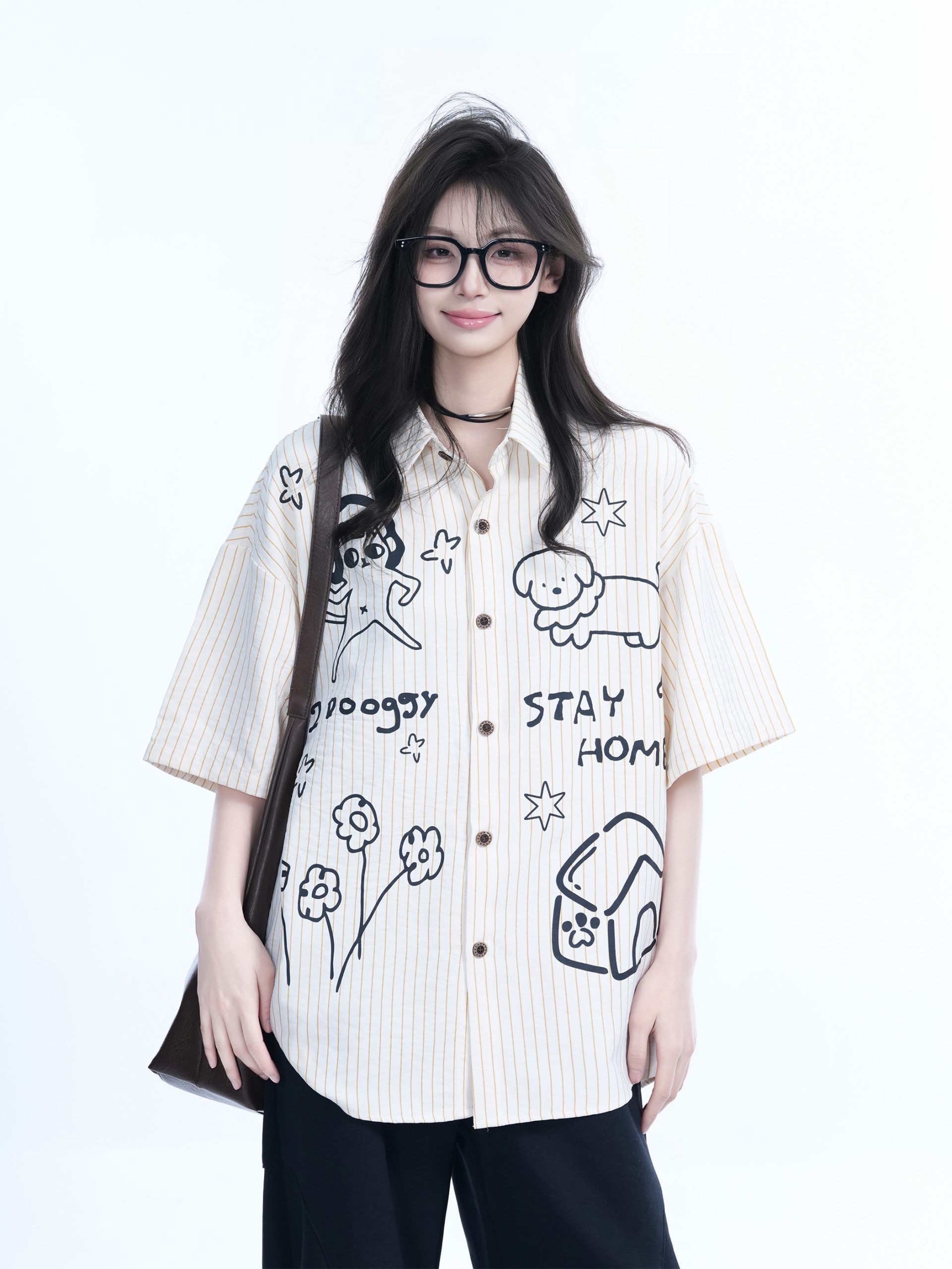 Fun Cartoon Doodle Dog Vertical Striped Short-Sleeve Shirt for Women, Loose Fit Trendy Top, Casual 90s Style Fun Cartoon Doodle Dog Vertical Striped Short-Sleeve Shirt for Women, Loose Fit Trendy Top, Casual 90s Style