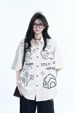 Fun Cartoon Doodle Dog Vertical Striped Short-Sleeve Shirt for Women, Loose Fit Trendy Top, Casual 90s Style
