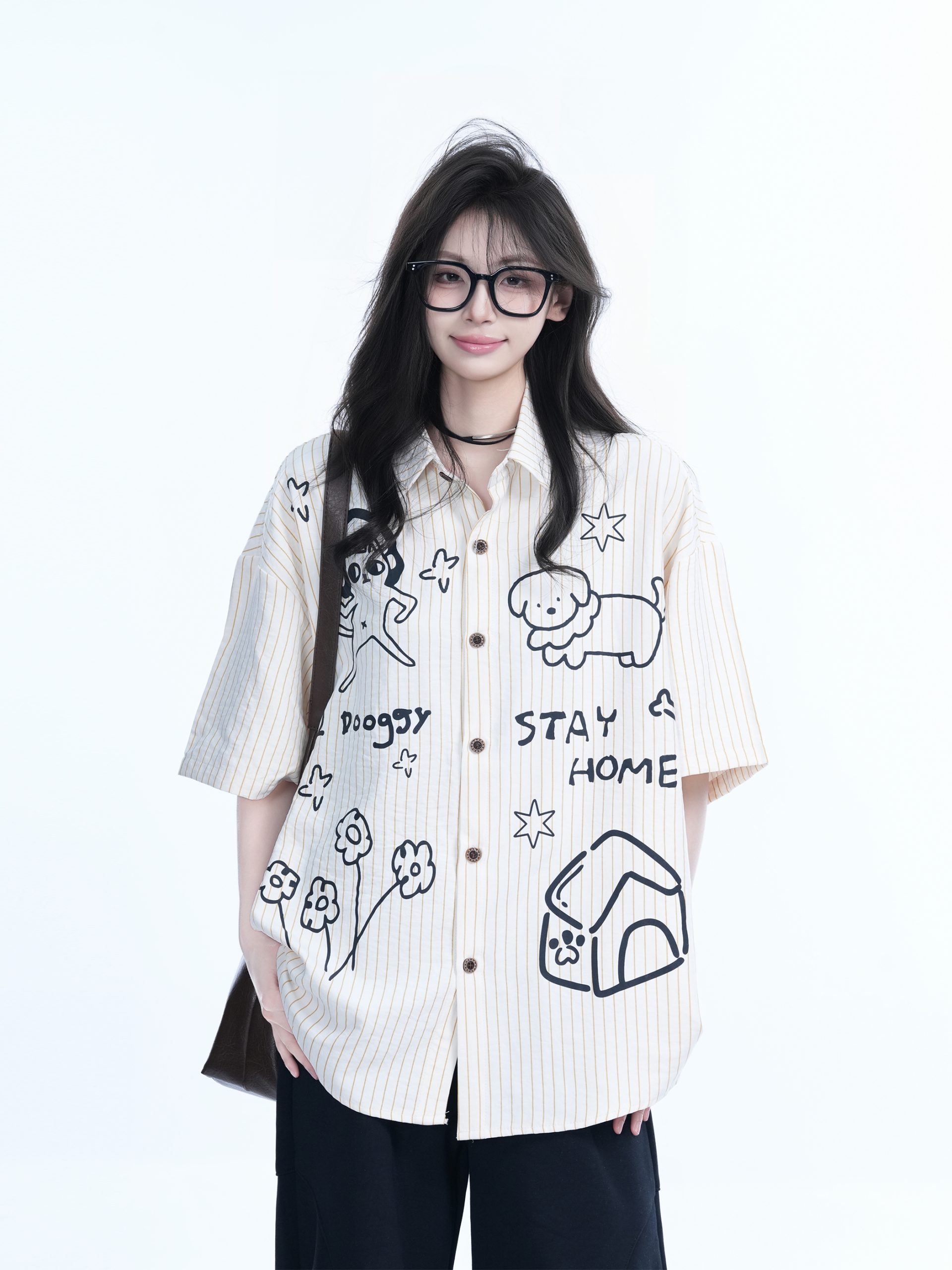 Fun Cartoon Doodle Dog Vertical Striped Short-Sleeve Shirt for Women, Loose Fit Trendy Top, Casual 90s Style Fun Cartoon Doodle Dog Vertical Striped Short-Sleeve Shirt for Women, Loose Fit Trendy Top, Casual 90s Style