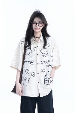 Fun Cartoon Doodle Dog Vertical Striped Short-Sleeve Shirt for Women, Loose Fit Trendy Top, Casual 90s Style