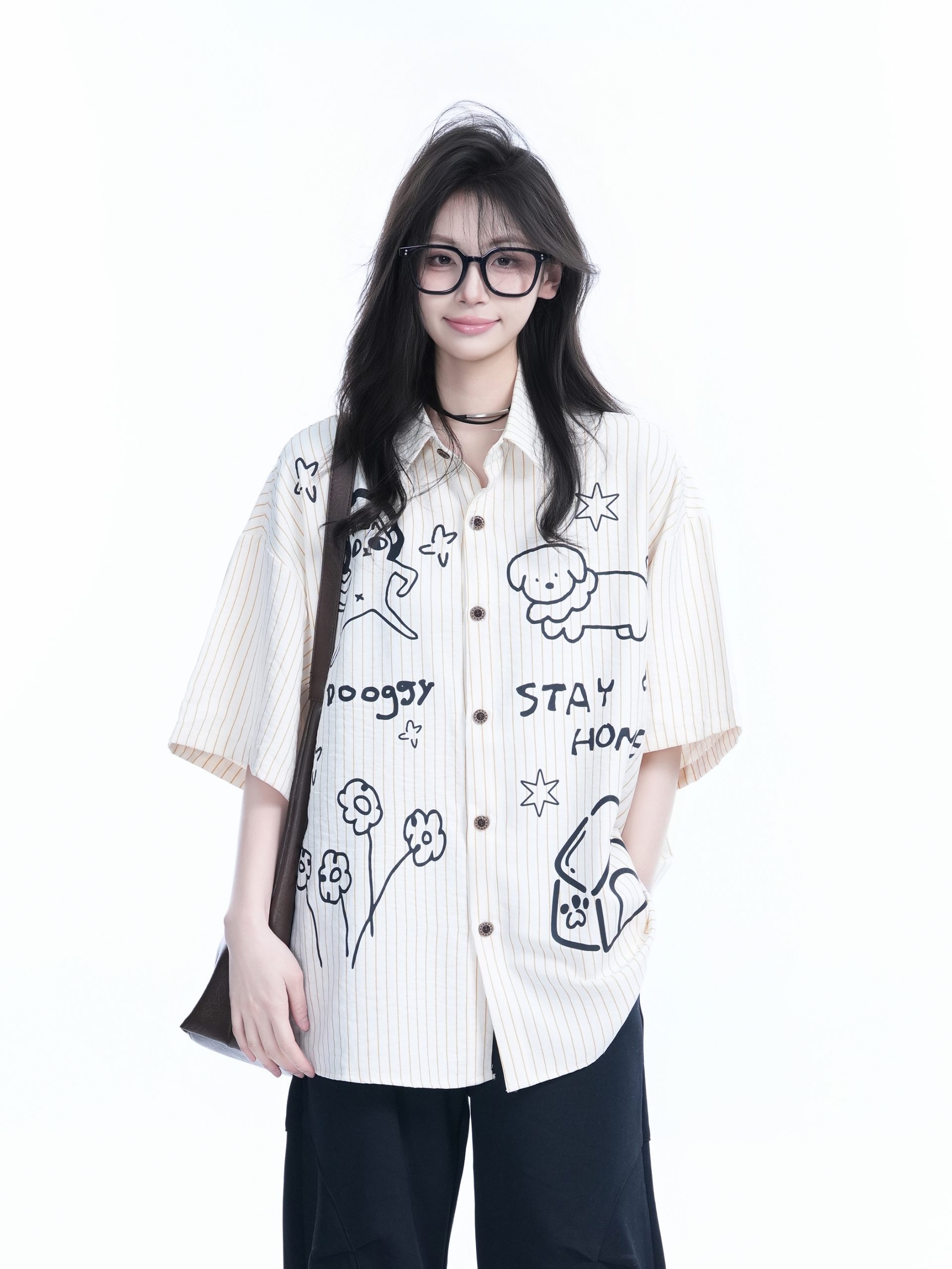 Fun Cartoon Doodle Dog Vertical Striped Short-Sleeve Shirt for Women, Loose Fit Trendy Top, Casual 90s Style Fun Cartoon Doodle Dog Vertical Striped Short-Sleeve Shirt for Women, Loose Fit Trendy Top, Casual 90s Style