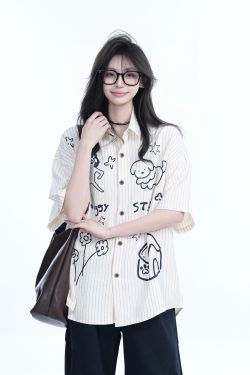 Fun Cartoon Doodle Dog Vertical Striped Short-Sleeve Shirt for Women, Loose Fit Trendy Top, Casual 90s Style