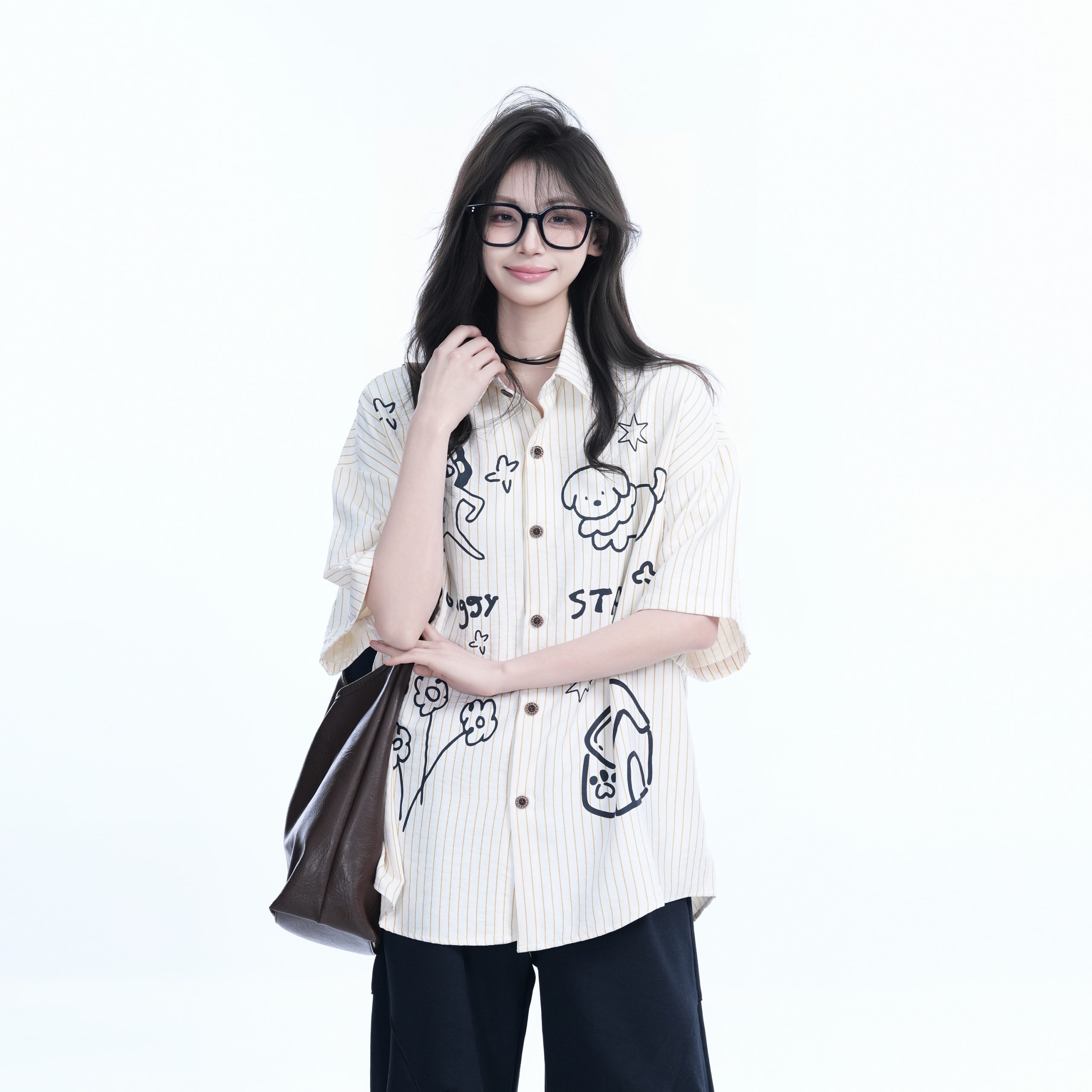 Fun Cartoon Doodle Dog Vertical Striped Short-Sleeve Shirt for Women, Loose Fit Trendy Top, Casual 90s Style Fun Cartoon Doodle Dog Vertical Striped Short-Sleeve Shirt for Women, Loose Fit Trendy Top, Casual 90s Style