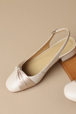 Genuine Leather Backless Chunky Heel Sandals for Women - Bow Round Toe Low Heel Closed Toe Italian Style