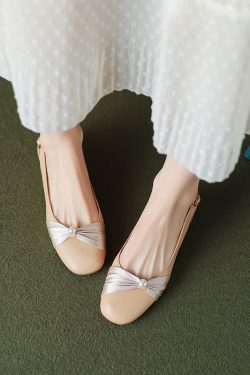 Genuine Leather Backless Chunky Heel Sandals for Women - Bow Round Toe Low Heel Closed Toe Italian Style