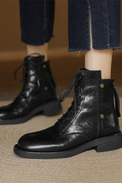 Genuine Leather Black Lace-Up Flat Martin Boots for Women - Spring Autumn Short Boots, Trendy Y2K Style