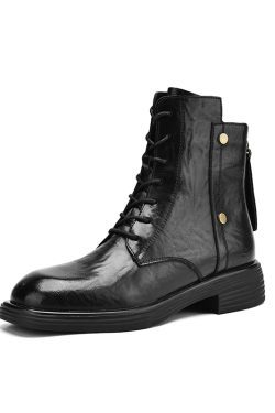 Genuine Leather Black Lace-Up Flat Martin Boots for Women - Spring Autumn Short Boots, Trendy Y2K Style