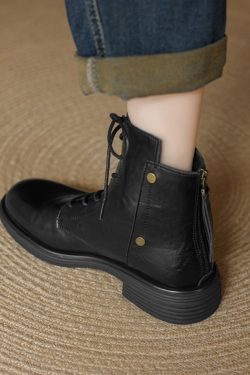 Genuine Leather Black Lace-Up Flat Martin Boots for Women - Spring Autumn Short Boots, Trendy Y2K Style