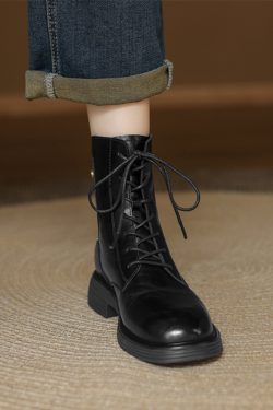 Genuine Leather Black Lace-Up Flat Martin Boots for Women - Spring Autumn Short Boots, Trendy Y2K Style