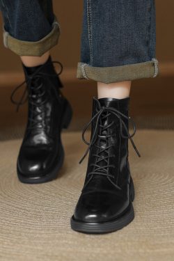 Genuine Leather Black Lace-Up Flat Martin Boots for Women - Spring Autumn Short Boots, Trendy Y2K Style