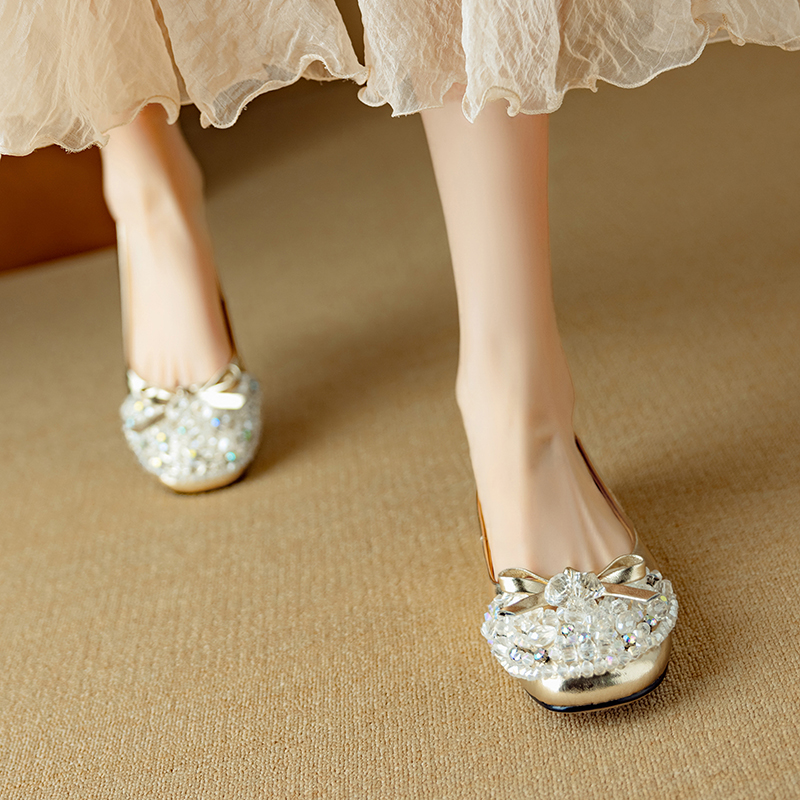 Genuine Leather Bow Rhinestone Flat Shoes for Women - Round Toe Italian Style Silver Footwear Genuine Leather Bow Rhinestone Flat Shoes for Women - Round Toe Italian Style Silver Footwear