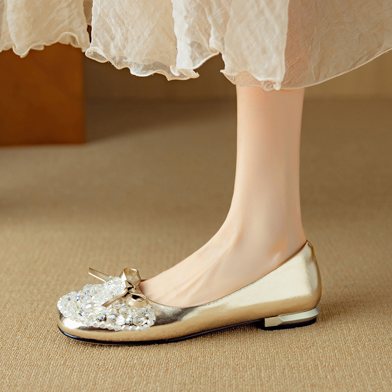 Genuine Leather Bow Rhinestone Flat Shoes for Women - Round Toe Italian Style Silver Footwear Genuine Leather Bow Rhinestone Flat Shoes for Women - Round Toe Italian Style Silver Footwear