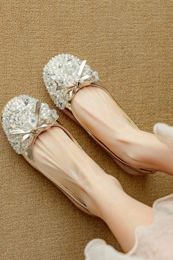 Genuine Leather Bow Rhinestone Flat Shoes for Women - Round Toe Italian Style Silver Footwear
