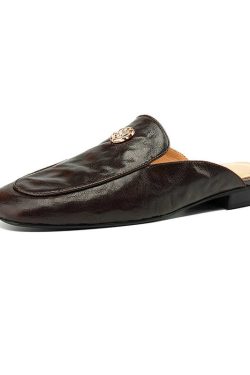 Genuine Leather Camellia Flat Mules - Sheepskin Outdoor Slippers, Half-Drag Design, Stylish Comfort, Perfect for Casual Wear