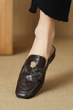 Genuine Leather Camellia Flat Mules - Sheepskin Outdoor Slippers, Half-Drag Design, Stylish Comfort, Perfect for Casual Wear