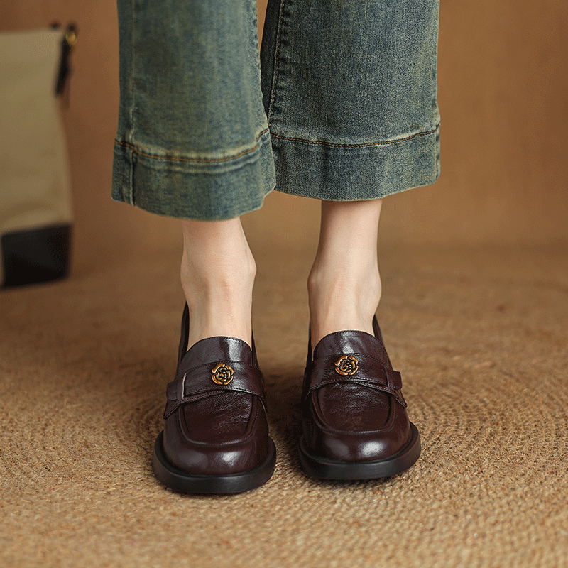 Genuine Leather Camellia Slip-On Loafers for Women, Chunky High Heels, 2025 New Style, Fashionable Casual Footwear Genuine Leather Camellia Slip-On Loafers for Women, Chunky High Heels, 2025 New Style, Fashionable Casual Footwear