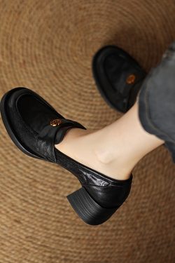 Genuine Leather Camellia Slip-On Loafers for Women, Chunky High Heels, 2025 New Style, Fashionable Casual Footwear