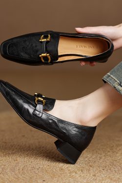 Genuine Leather Chunky Heel Loafers for Women - Retro British Style Slip-On Flats for Spring and Autumn Fashion