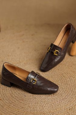 Genuine Leather Chunky Heel Loafers for Women - Retro British Style Slip-On Flats for Spring and Autumn Fashion