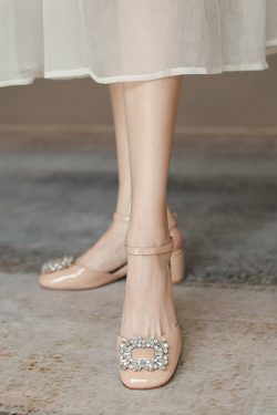 Genuine Leather Chunky High Heel Sandals for Women with Rhinestone Buckle - Elegant Literary Style Square Toe Design