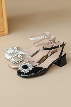 Genuine Leather Chunky High Heel Sandals for Women with Rhinestone Buckle - Elegant Literary Style Square Toe Design