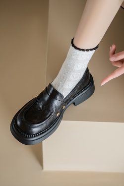 Genuine Leather Chunky High-Heeled Loafers for Women - Retro Thick-Soled JK Big Head Shoes - Paris Street Style Flats