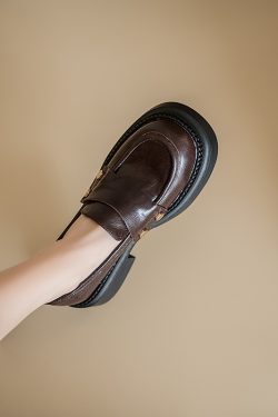 Genuine Leather Chunky High-Heeled Loafers for Women - Retro Thick-Soled JK Big Head Shoes - Paris Street Style Flats