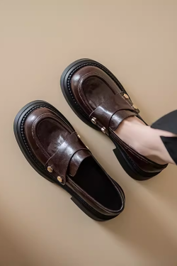 Genuine Leather Chunky High-Heeled Loafers for Women - Retro Thick-Soled JK Big Head Shoes - Paris Street Style Flats