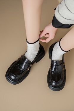 Genuine Leather Chunky High-Heeled Loafers for Women - Retro Thick-Soled JK Big Head Shoes - Paris Street Style Flats