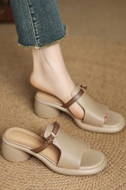 Genuine Leather Color-Blocking Open Toe Mid-Heel Slide Sandals for Women - Summer 2025 Korean Style Slippers
