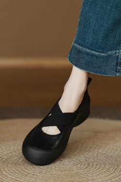 Genuine Leather Cross-Strap Ballet Flats for Women - Thick-Soled Versatile Slip-On Shoes for Everyday Style