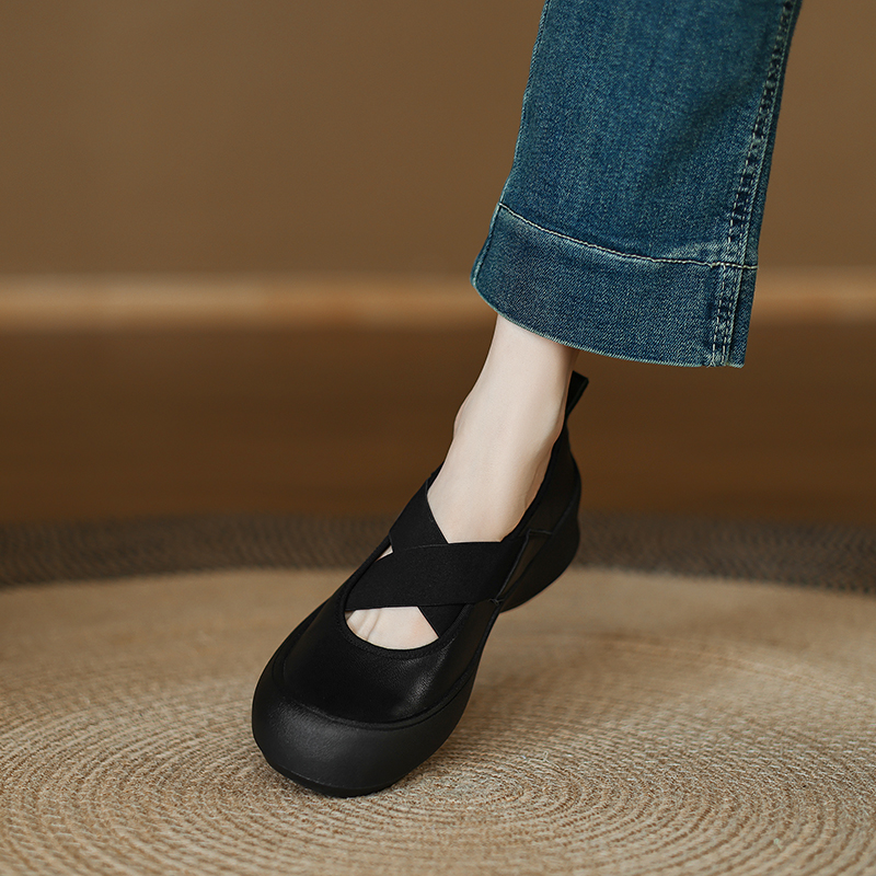 Genuine Leather Cross-Strap Ballet Flats for Women - Thick-Soled Versatile Slip-On Shoes for Everyday Style Genuine Leather Cross-Strap Ballet Flats for Women - Thick-Soled Versatile Slip-On Shoes for Everyday Style