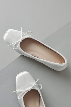 Genuine Leather Elegant Bow Satin Square-Toe Flat Ballet Shoes for Women - Italian Style, Timeless Fashion, Chic Comfort