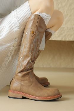 Genuine Leather Embroidered Western Cowboy Boots for Women - Vintage Long Boots with Back Zipper, 2024 Autumn Winter Style