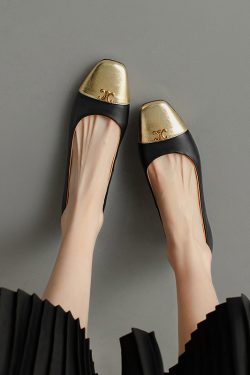 Genuine Leather French Literary Style Flat Shoes for Women - Elegant Gold Buckle, Square Toe, Low Chunky Heel, Chic Comfort