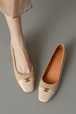 Genuine Leather French Literary Style Flat Shoes for Women - Elegant Gold Buckle, Square Toe, Low Chunky Heel, Chic Comfort