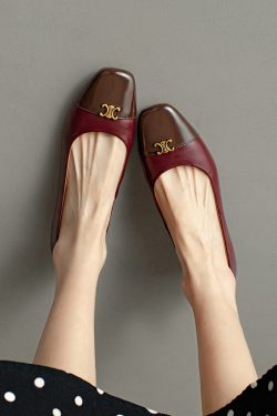 Genuine Leather French Literary Style Flat Shoes for Women - Elegant Gold Buckle, Square Toe, Low Chunky Heel, Chic Comfort