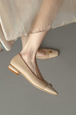 Genuine Leather French Literary Style Flat Shoes for Women - Elegant Gold Buckle, Square Toe, Low Chunky Heel, Chic Comfort