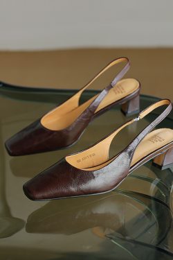 Genuine Leather French Retro Open-Back Sandals for Women - Slimming Mid-Heel, Square-Toe Summer Flats