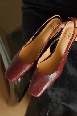 Genuine Leather French Retro Open-Back Sandals for Women - Slimming Mid-Heel, Square-Toe Summer Flats