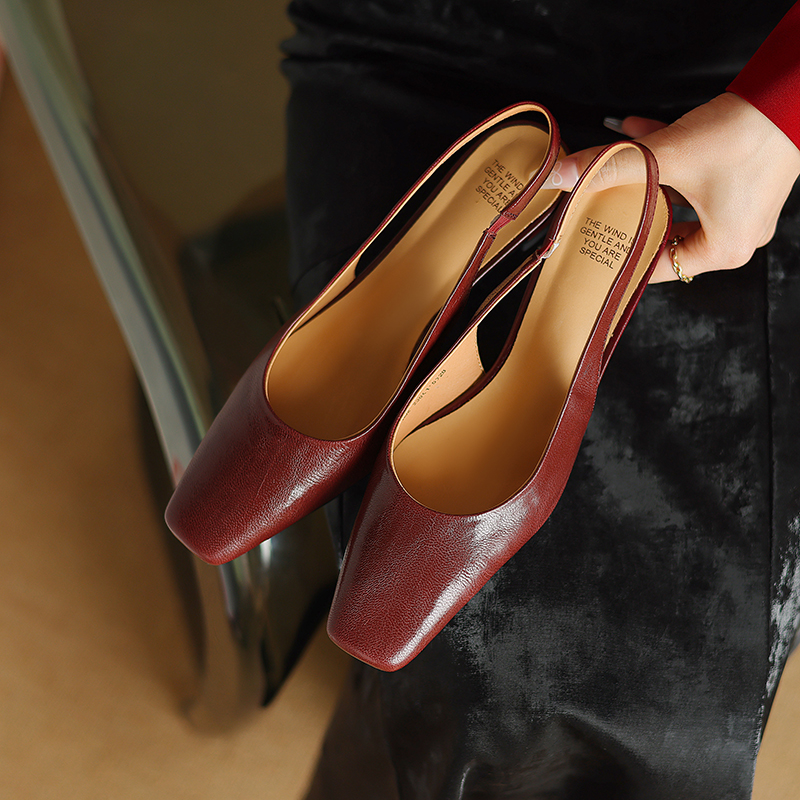 Genuine Leather French Retro Open-Back Sandals for Women - Slimming Mid-Heel, Square-Toe Summer Flats Genuine Leather French Retro Open-Back Sandals for Women - Slimming Mid-Heel, Square-Toe Summer Flats