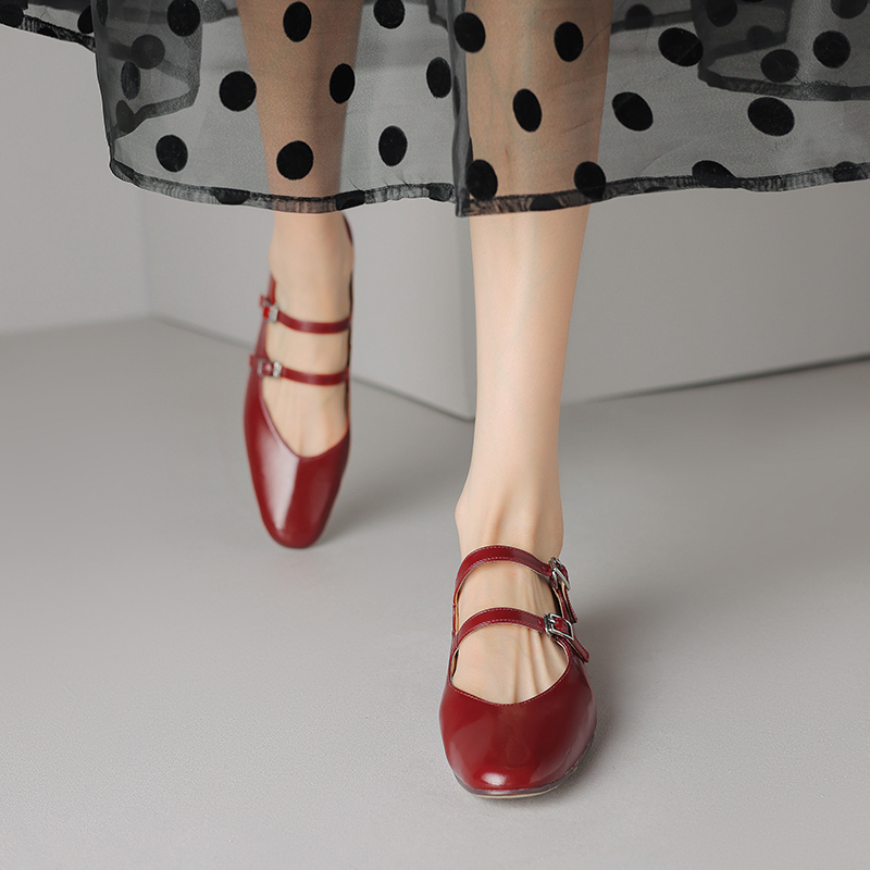 Genuine Leather French Round-Toe Mid-Heel Mary Jane Shoes for Women - Artistic Double Buckle Design for Spring & Summer Fashion Genuine Leather French Round-Toe Mid-Heel Mary Jane Shoes for Women - Artistic Double Buckle Design for Spring & Summer Fashion