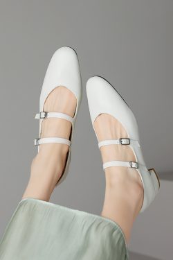 Genuine Leather French Round-Toe Mid-Heel Mary Jane Shoes for Women - Artistic Double Buckle Design for Spring & Summer Fashion