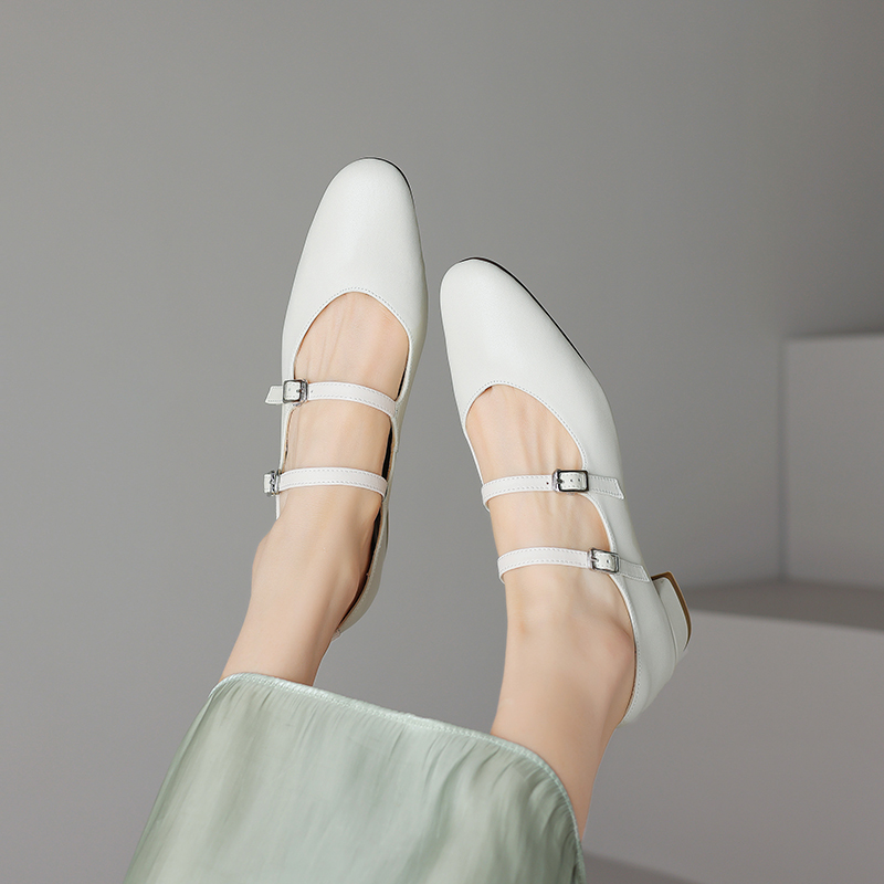 Genuine Leather French Round-Toe Mid-Heel Mary Jane Shoes for Women - Artistic Double Buckle Design for Spring & Summer Fashion Genuine Leather French Round-Toe Mid-Heel Mary Jane Shoes for Women - Artistic Double Buckle Design for Spring & Summer Fashion