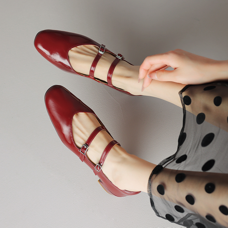 Genuine Leather French Round-Toe Mid-Heel Mary Jane Shoes for Women - Artistic Double Buckle Design for Spring & Summer Fashion Genuine Leather French Round-Toe Mid-Heel Mary Jane Shoes for Women - Artistic Double Buckle Design for Spring & Summer Fashion