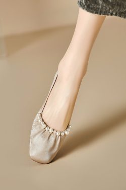 Genuine Leather French-Style Pearl Shallow Mouth Flat Shoes for Women - Italian Corso Venezia Pleated Grandma Shoes