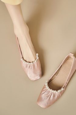 Genuine Leather French-Style Pearl Shallow Mouth Flat Shoes for Women - Italian Corso Venezia Pleated Grandma Shoes