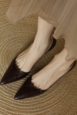 Genuine Leather French Vintage Pointed Toe High Heels for Women - Elegant Thin Heel Shallow Mouth Design